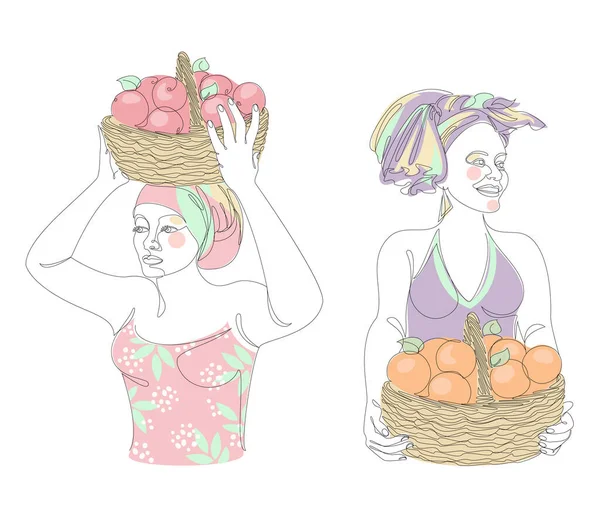 Collection. Silhouettes of a girl in a headscarf. The lady is holding a basket of apples in her hands. oranges. Woman in modern one line style. Solid line, outline, stickers, logo. Vector illustration