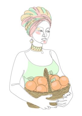 Girl head silhouettes. The lady is holding a basket of apples in her hands. Woman in modern single line style. Solid line, outline for decor, posters, stickers, logo. Vector illustration.