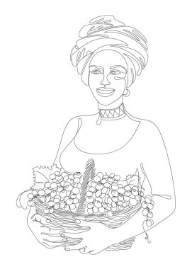 Silhouettes of a girl in a headscarf. The lady is holding a basket of grapes in her hands. Woman in modern one line style. Solid line, decor outline, posters, stickers, logo. vector illustration.