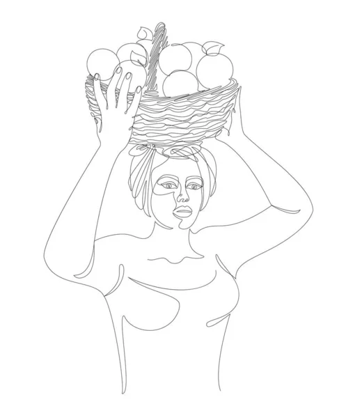 Girl Head Silhouettes Lady Holding Basket Apples Her Hands Woman — Stock Fotó