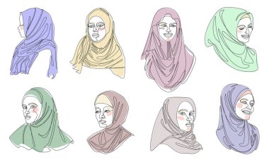 Collection. Girl head silhouettes. Lady in hijab, scarf, arabic muslim headdress, headscarf. Female face in modern single line style. Solid line, sticker outline, logo. Vector illustration set.