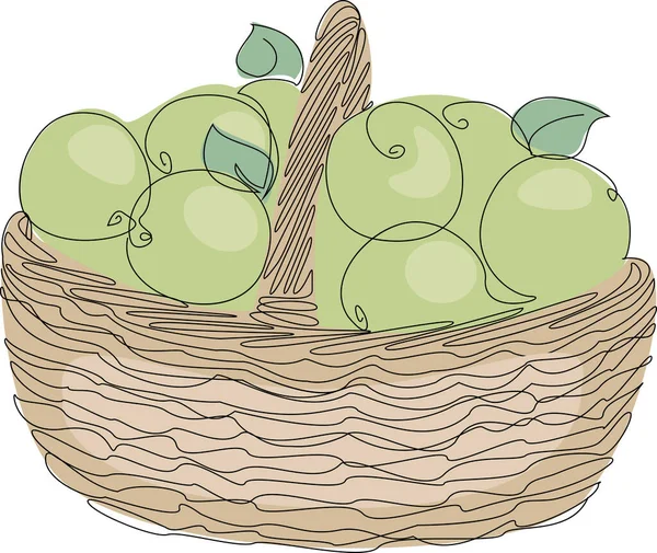 Basket Ripe Green Apples Picture Modern Single Line Style Solid — Stockfoto