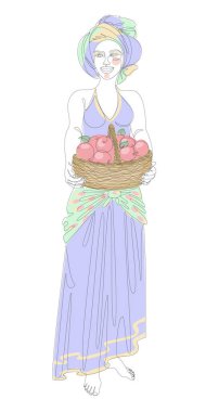 Silhouette of a beautiful girl. The lady is holding a basket of apples in her hands. Woman in modern one line style. Solid line, decor outline, posters, stickers, logo. Vector illustration.