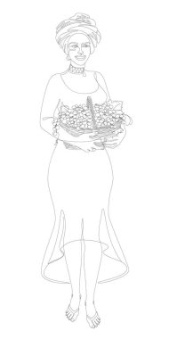 Silhouette of a beautiful girl. The lady is holding a basket with grapes, oranges. Woman in modern one line style. Solid line, decor outline, posters, stickers, logo. Vector illustration.