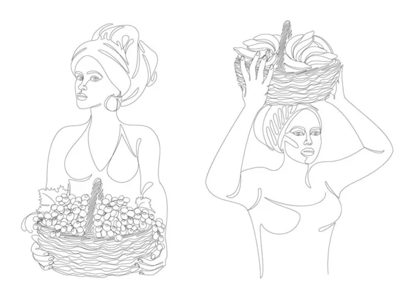 Collection. Silhouettes of a girl in a headscarf. The lady is holding a basket of grapes and bananas in her hands. Woman in modern one line style. Solid line, outline, logo. Vector illustration, set.
