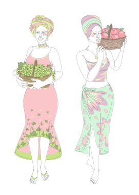 Collection. Silhouettes of a girl in a headscarf. The lady is holding a basket of grapes and apples in her hands. Woman in modern one line style. Solid line, outline, logo. Vector illustration, set.
