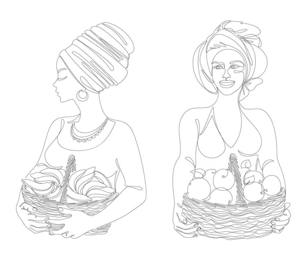 Collection. Silhouettes of a girl in a headscarf. The lady is holding a basket of bananas and apples in her hands. Woman in modern one line style. Solid line, outline, logo. Vector illustration, set.
