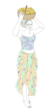 Silhouettes of a girl in a headscarf. The lady is holding a basket of bananas in her hands. Woman in modern one line style. Solid line, decor outline, posters, stickers, logo. vector illustration.