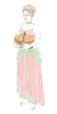 Silhouette of a beautiful girl. The lady is holding a basket of apples and oranges. Woman in modern one line style. Solid line, decor outline, posters, stickers, logo. Vector illustration.