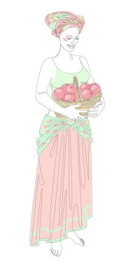 Silhouette of a beautiful girl. The lady is holding a basket of apples in her hands. Woman in modern one line style. Solid line, decor outline, posters, stickers, logo. Vector illustration.