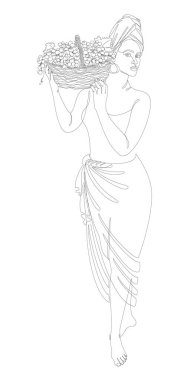 Silhouette of a beautiful girl. The lady is holding a basket with grapes. Woman in modern one line style. Solid line, decor outline, posters, stickers, logo. Vector illustration.