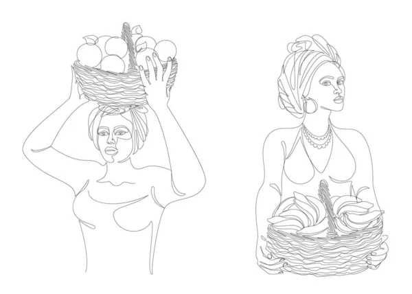 Collection. Silhouettes of a girl in a headscarf. The lady is holding a basket of bananas and apples in her hands. Woman in modern one line style. Solid line, outline, logo. Vector illustration, set.