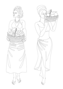 Collection. Silhouettes of a girl in a headscarf. The lady is holding a basket of apples and bananas in her hands. Woman in modern one line style. Solid line, outline, logo. Vector illustration, set.