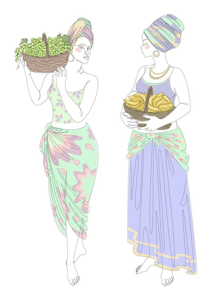 Collection. Silhouettes of a girl in a headscarf. The lady is holding a basket of grapes and bananas. Woman in modern one line style. Solid line, outline, logo. Vector illustration, set.