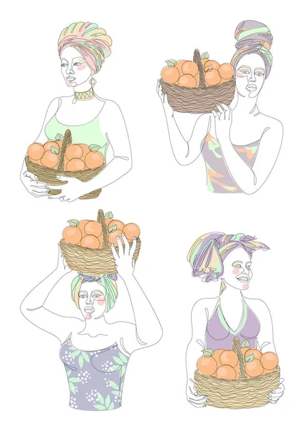 Collection. Silhouettes of a girl in a headscarf. The lady is holding a basket of oranges in her hands. Woman in modern one line style. Solid line, outline, logo. Vector illustration, set.