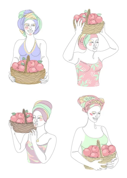 Collection. Silhouettes of a girl in a headscarf. The lady is holding a basket of apples in her hands. Woman in modern one line style. Solid line, outline, logo. Vector illustration, set.
