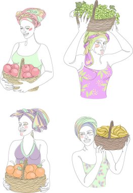 Collection. Silhouettes of a girl in a headscarf. The lady holds in her hands a basket with bananas and apples, grapes, oranges Woman in a modern one line style, contour. Vector illustration, set.