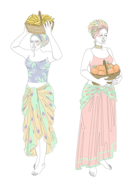 Collection. Silhouettes of a girl in a headscarf. The lady is holding a basket of oranges and bananas. Woman in modern one line style. Solid line, outline, logo. Vector illustration, set.
