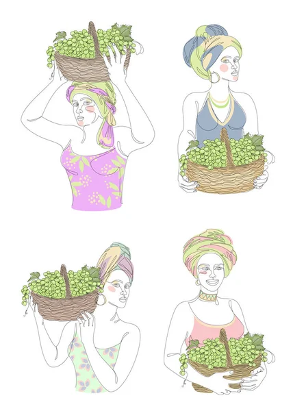 Collection. Silhouettes of a girl in a headscarf. The lady is holding a basket of grapes in her hands. Woman in modern one line style. Solid line, outline, logo. Vector illustration, set.