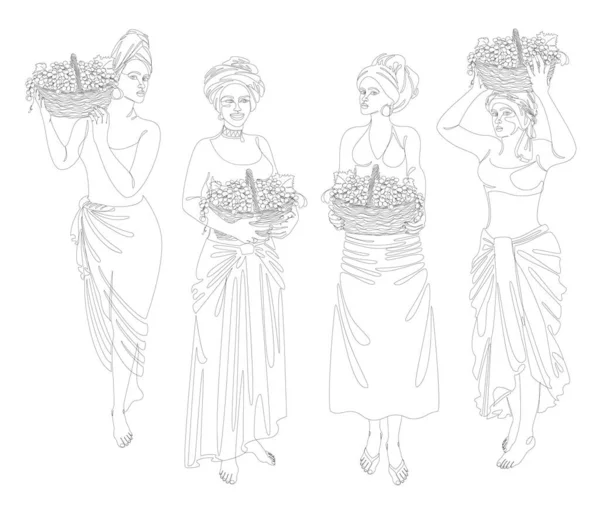 Collection Silhouettes Girl Headscarf Lady Holding Basket Grapes Her Hands — Foto de Stock