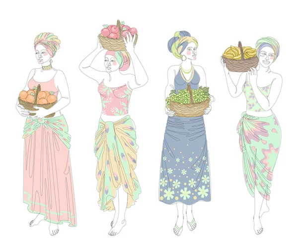 Collection Silhouettes Girl Headscarf Lady Holds Her Hands Basket Bananas — Fotografia de Stock