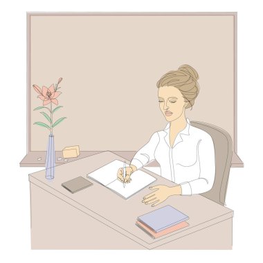 Modern tek satırlı bir kızın siluetleri. Bayan öğretmen masada oturuyor. Devamlı çizgi, dekor için estetik taslak posterler, duvar resimleri, çıkartmalar, logolar. vektör illüstrasyonu.