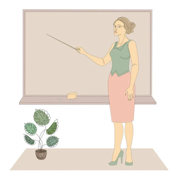 Silhouette Girl Modern Single Line Style Woman Teacher Stands Blackboard — Stock Photo, Image