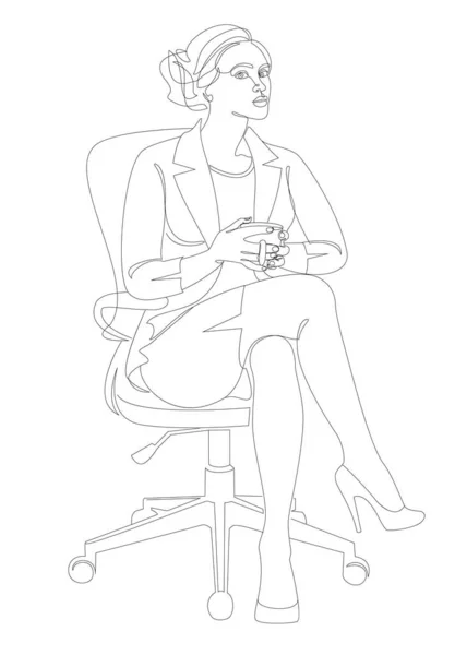 Silhouettes of a girl are standing in a modern single line style. Business woman on a chair with a cup drinks tea, coffee. Continuous line, outline for posters, stickers, logo. vector illustration.
