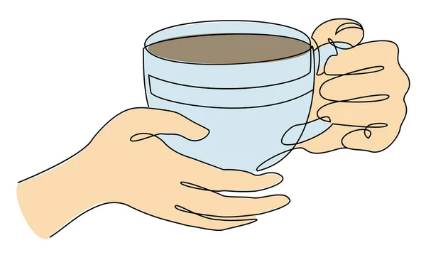Silhouette of man\'s hands with a cup of coffee, tea in a modern one line style. Solid line, aesthetic outline for decor, posters, stickers, logo. Vector illustration.