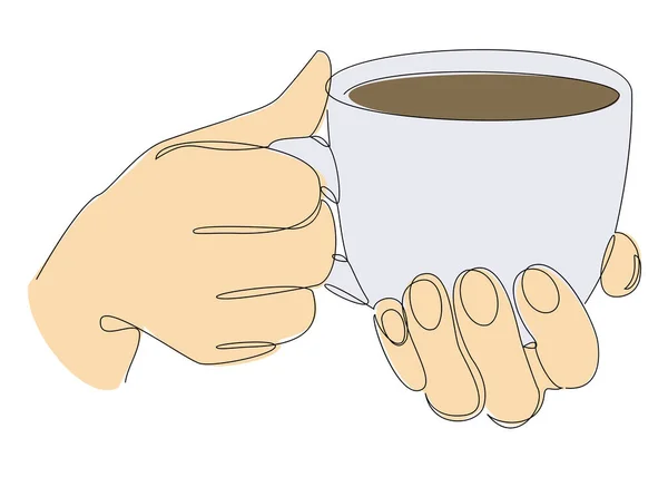 Silhouette of man\'s hands with a cup of coffee, tea in a modern one line style. Solid line, aesthetic outline for decor, posters, stickers, logo. Vector illustration.