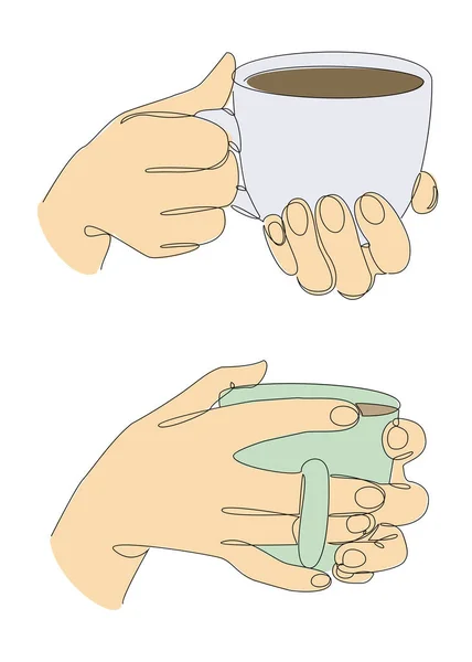 Kolekcja Silhouette Ludzkich Rąk Filiżanką Kawy Herbaty Nowoczesnym Stylu Jednoliniowym — Zdjęcie stockowe