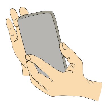 İnsan eli siluetleri ve modern bir telefon tarzı. Devamlı çizgi çizimi, ev dekorasyonu için estetik taslak posterler, duvar resimleri, çıkartmalar, logolar. Vektör illüstrasyonu.