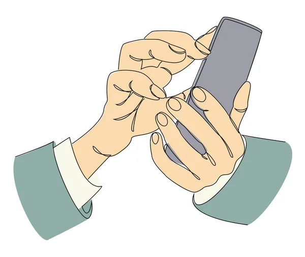 Emberi Kezek Sziluettjei Egy Telefonnal Modern Egysoros Stílusban Folyamatos Vonalrajz — Stock Fotó