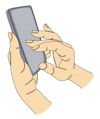 İnsan eli siluetleri ve modern bir telefon tarzı. Devamlı çizgi çizimi, ev dekorasyonu için estetik taslak posterler, duvar resimleri, çıkartmalar, logolar. Vektör illüstrasyonu.
