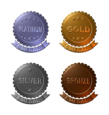 Platinyum, Altın, Gümüş ve Bronz olmak üzere dört 3D madalyadan oluşan bir set..
