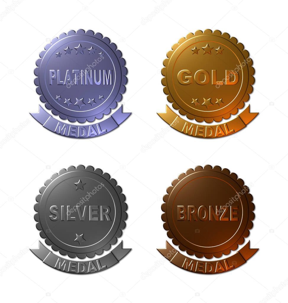 A set of four 3D rendered medals in Platinum, Gold, Silver, and Bronze, isolated on white.