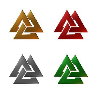 Viking sembolü Valknut 'un 4-3 boyutlu bir çizimi (Platinyum Knot of the Slain, altın, kırmızı ve mavi metalik kaplama, beyaz arka planda izole edilmiş).