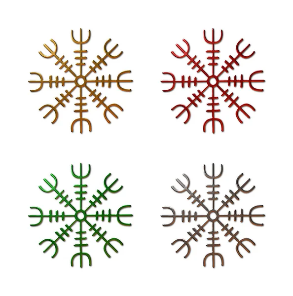 Platinyum, altın, kırmızı ve mavi metalik kaplama, beyaz arka planda izole edilmiş Eski İskandinav Runik Korku Dümeni Viking 'in 4-3D çizimleri.