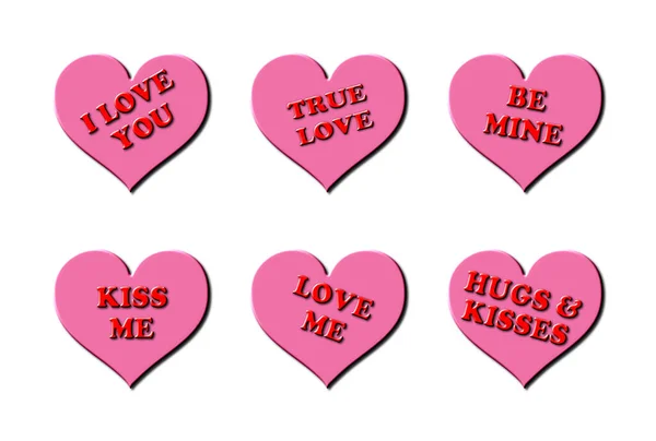 Set Six Rendered Illustrations Pink Hearts Red Love Messages Red — Stock Photo, Image