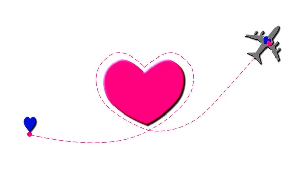 Трехмерная Иллюстрация Маршрута Путешествия Любовного Самолета Голубыми Розовыми Сердцами Собранными — стоковое фото