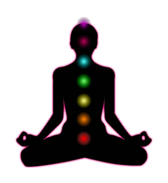 Nilüfer pozisyonundaki bir kişinin yedi farklı renkte gösterilmiş yedi çakrası ve beyaz bir arka planda izole edilmiş pembe bir aurası olan düz bir çizimi.