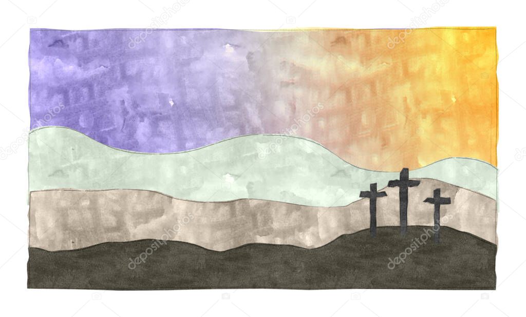 A watercolour illustration of the Easter scene with three crosses when Jesus Christ was crusified on Calvary