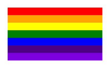 Düz yedi renkli gökkuşağı bayrağı, beyaz bir arkaplanda izole edilmiş..