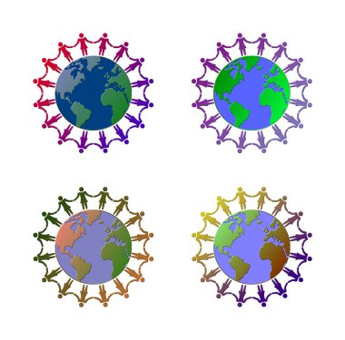 A set of 4 - 3D rendered illustrations of a ring of different coloured female figurines holding hands around an earth globe, isolated on a white background.