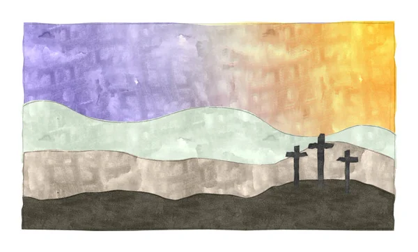 Paskalya sahnesinin, İsa 'nın çarmıha gerildiği üç haçla resmedilmiş suluboya tarzı.