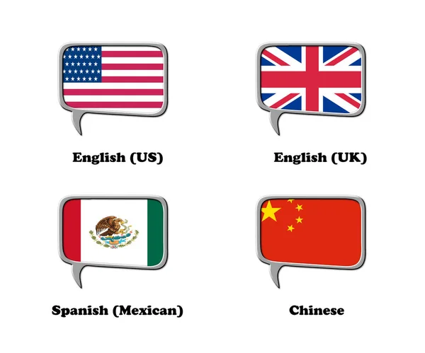 Vykreslená Ilustrace Skládá Čtvercových Bublin Vlajkou Země Souvisejícím Jazykovým Titulem — Stock fotografie