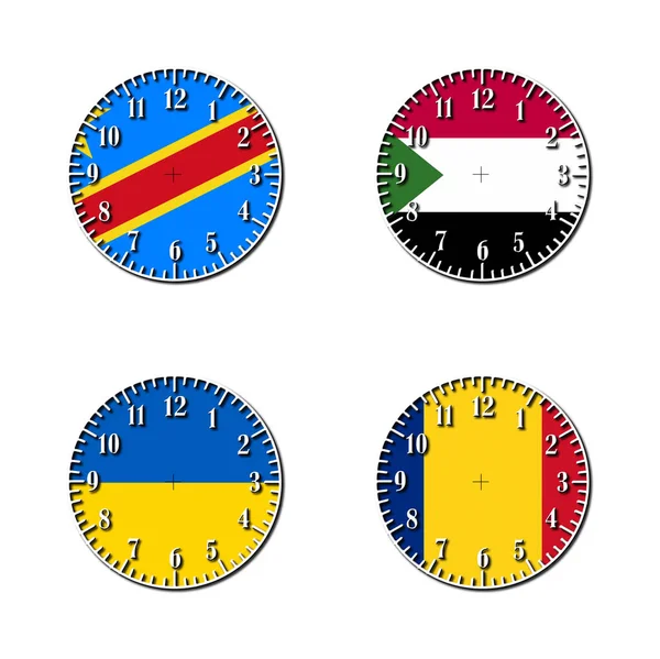 Conjunto Número Clock Faces Ilustração Renderizada Com Diferentes Bandeiras País — Fotografia de Stock