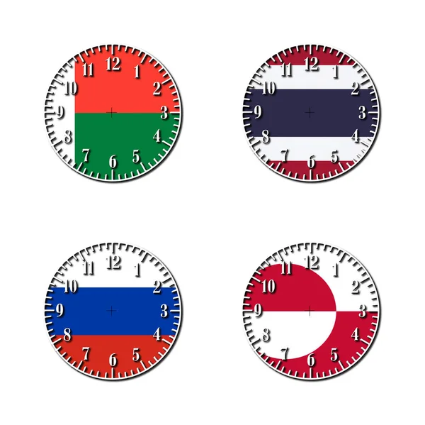 Conjunto Número Clock Faces Ilustração Renderizada Com Diferentes Bandeiras País — Fotografia de Stock