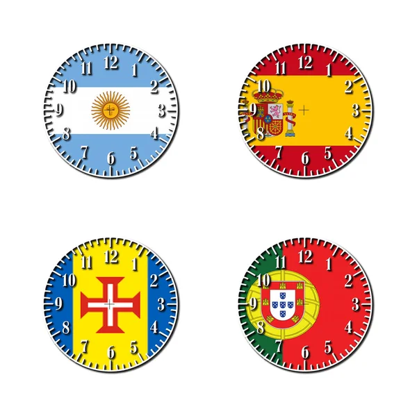Set Number Clock Faces Kiolvasztott Illusztráció Különböző Ország Zászlók Elszigetelt — Stock Fotó