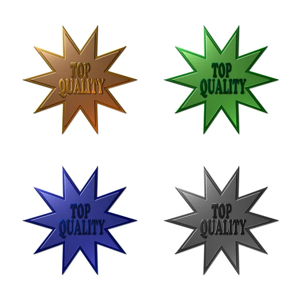 A 3D rendered illustration of a set of 4 ten pointed metallic stars with text \